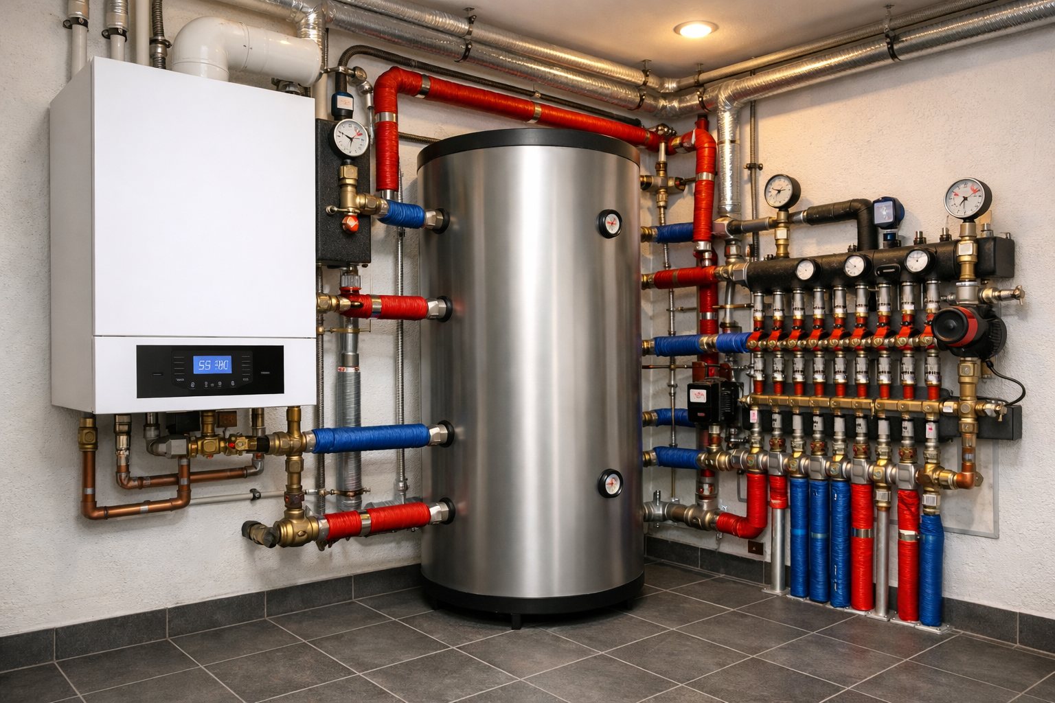 Moderner Heizraum mit Wärmepumpe